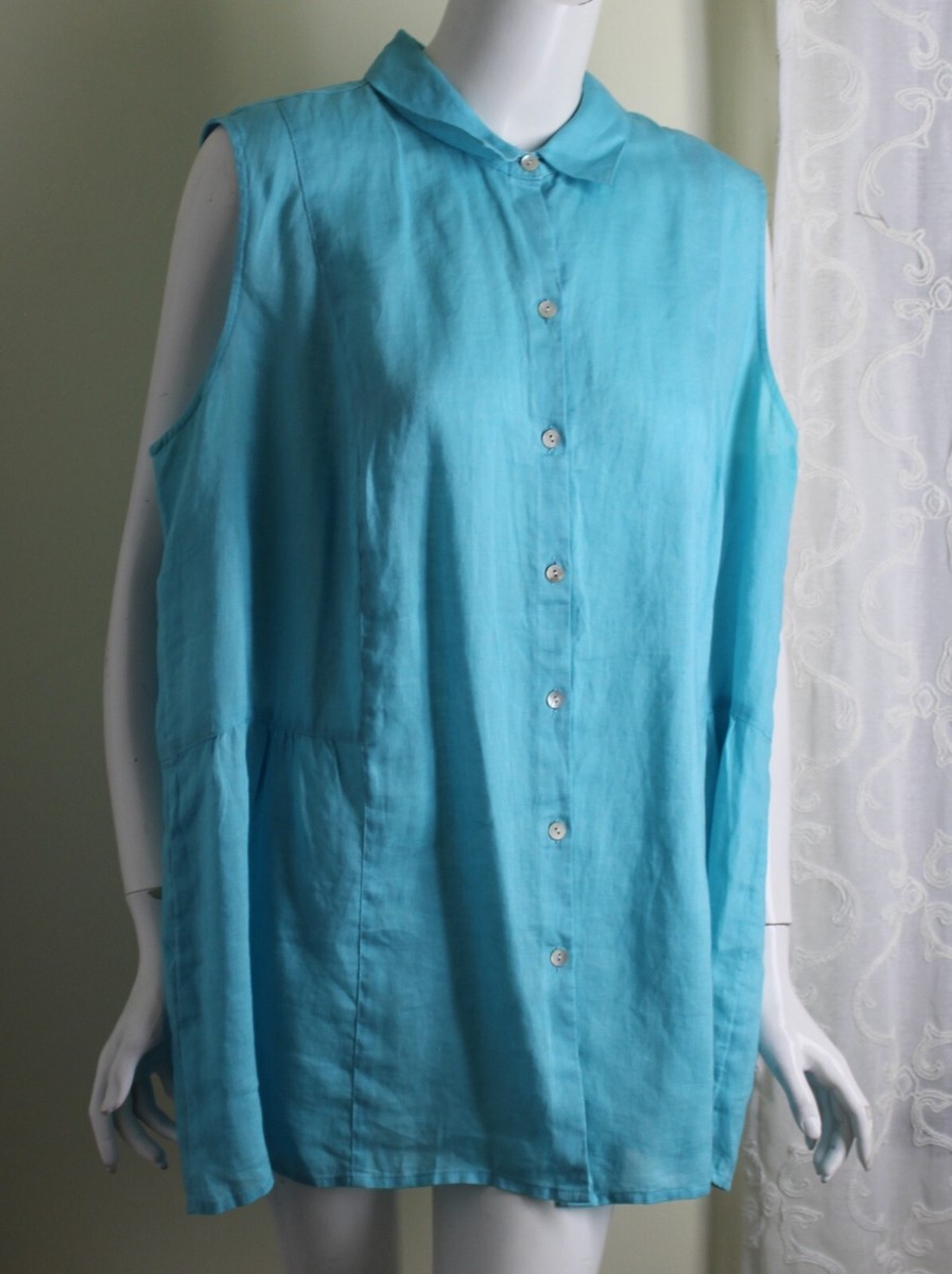 ジルページ NWT J.Jill Sz 2X CAPRI Turquoise 100% Linen Gathered Back Linen