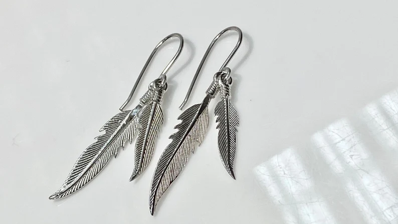 Silver Double Feather Drop Earrings with Plume Design
