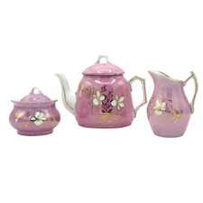 Vintage Children's Pink Teapot Creamer Sugar Set Hand Painted Ceramic Tea Party