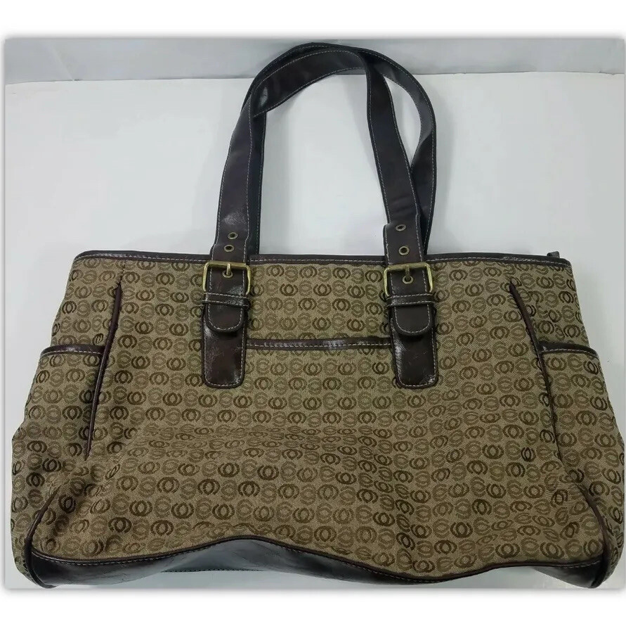 Shoulder Bag Sz M Brown Fabric Tote Faux Leather Double Straps Trim Side Pocket-image