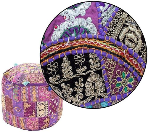 Indian Ottoman Round Stool Pouf Cover Patchwork Pouffe Footstool Cover Storage - Picture 6 of 6