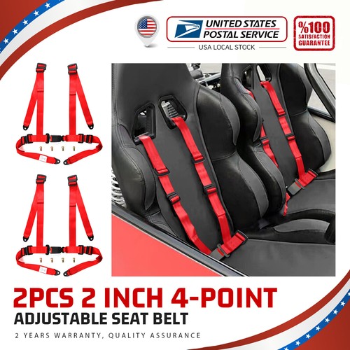 2PCS UNIVERSAL RED 4 POINT Auto QUICK RELEASE RACING SEAT BELT HARNESS 2"