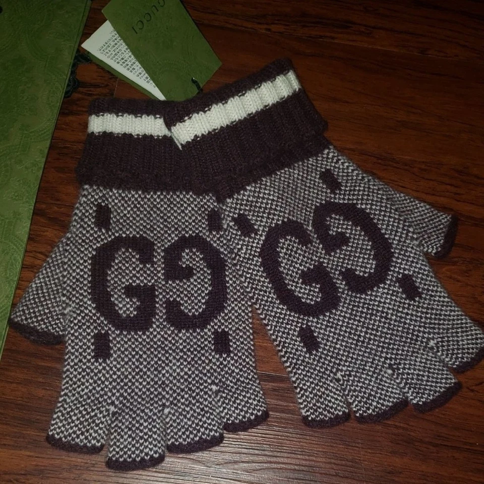 Guantes Gucci punto púrpura y crema 100 % cachemir sin dedos talla grande Foto 2 de 4