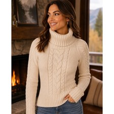 Veronica Beard Ivory Merino Wool Cashmere Cable Knit Turtleneck Luxury Sz S