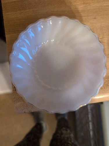 Vintage Anchor Hocking Fire King 5” Milk Glass Gold Trim Scalloped Fruit Bowl