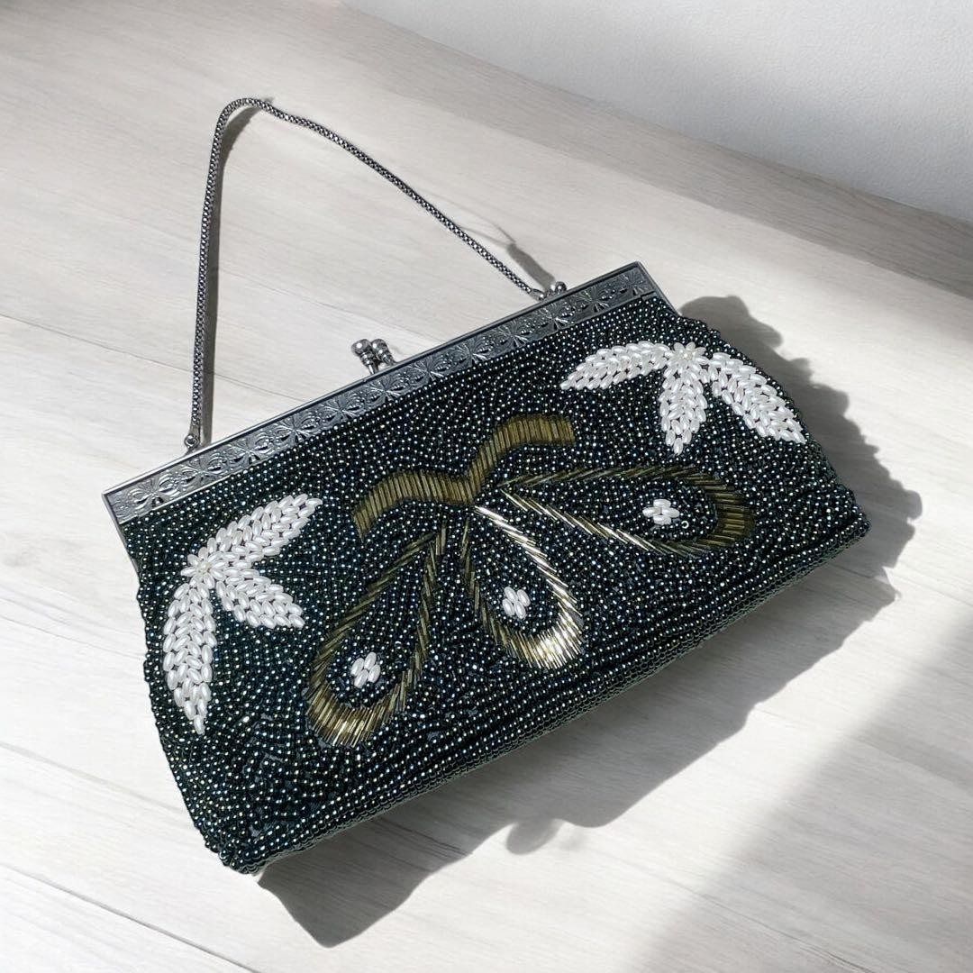 Bolso de fiesta vintage verde con cuentas con cierre de broche para ceremonias cadena hombro