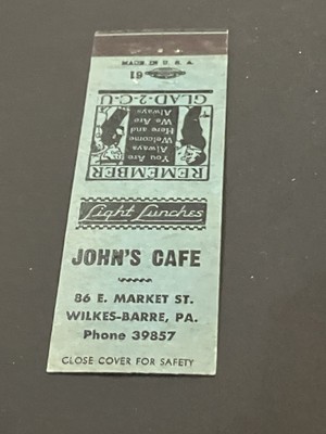 Vintage Pennsylvania Matchbook  John s Cafe  Wilkes Barre   1961 Pre-Flood