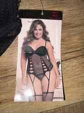 Seven 'til Midnight Lace Chemise Set Black 1X/2X Plus Size w/Garters & Thong NWT