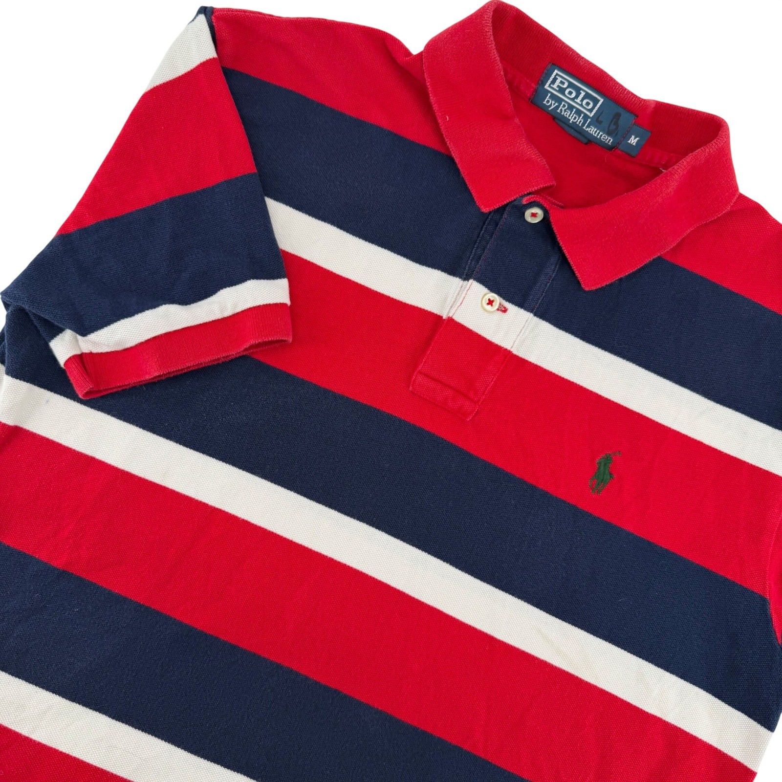 Vintage Polo Ralph Lauren Mens M Striped Short Sleeve Shirt Rugby Red Navy Prep
