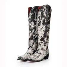 New Leopard Print Horsehair Knee High Boots Womens Cowboy Riding Western Boots