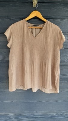 Adrianna Papell Taupe Textured top Blouse micro dot pattern elegant Sz L