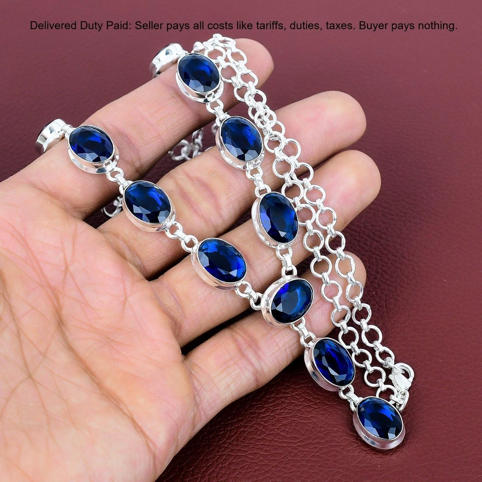 Venta Día de la Madre Plata Esterlina Ovalada Natural Iolita Cadena Esposa Bisel Collar Foto 4 de 4