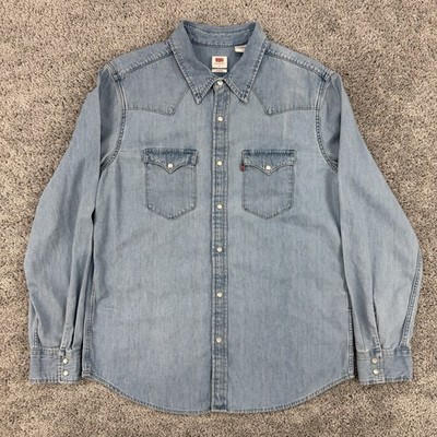 Levi s Denim Pearl Snap Shirt Men s L Blue Long Sleeve Western Country Cowboy