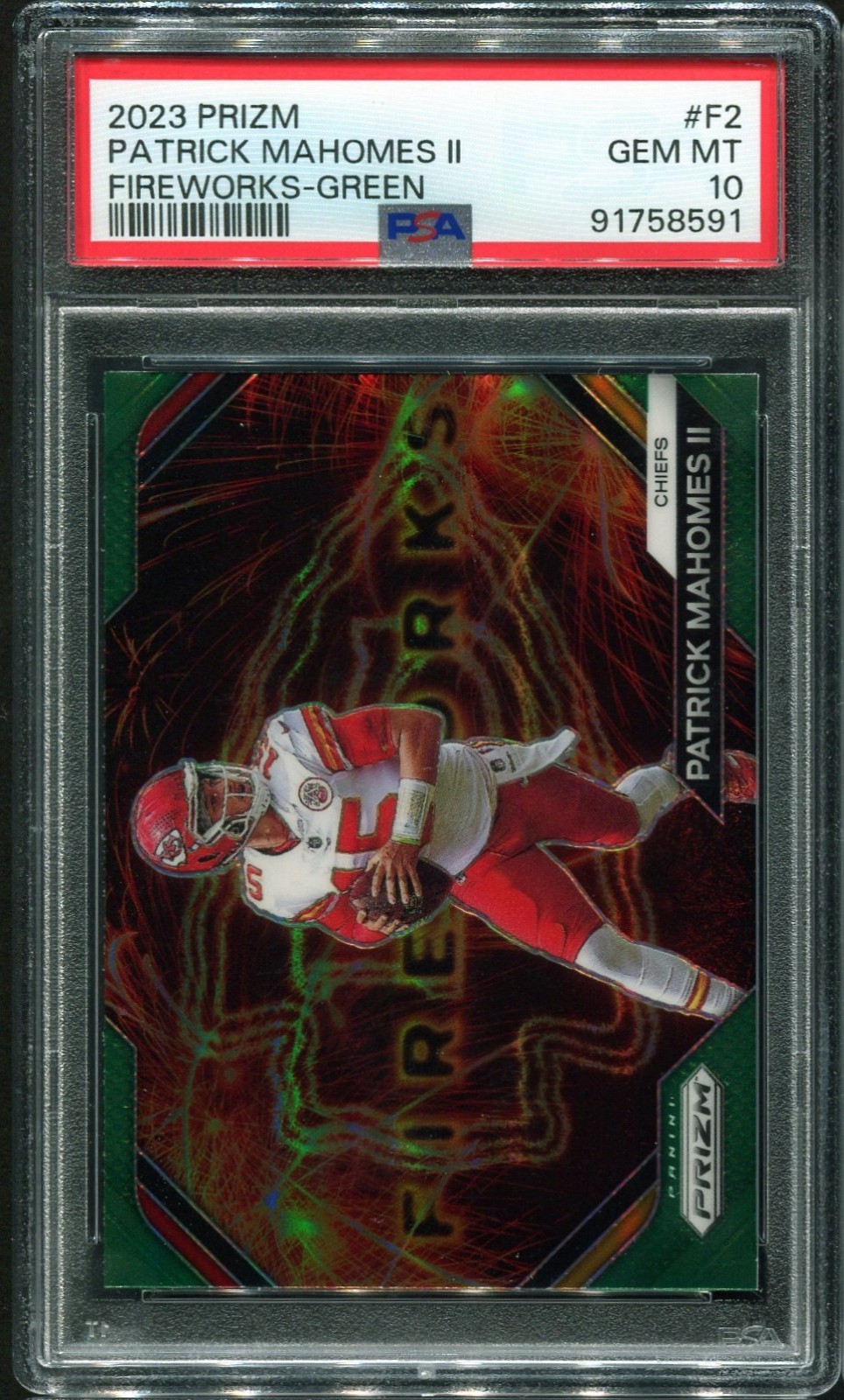 2023 Prizm Patrick Mahomes II Fireworks Green PSA 10 No. F2
