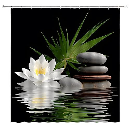 Spa Lotus Shower Curtain White Lotus Flower Black Stones Water Lily Floral - Bild 2 von 7