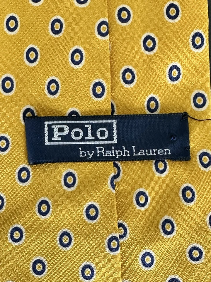 Corbata de seda Polo Ralph Lauren para hombre amarillo azul puntos geométricos 4” de ancho hecha a mano EE. UU. Foto 4 de 4