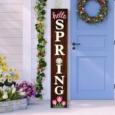 Hello Spring Wooden Porch Sign 47" Tulip Large Welcome Sign Vertical Brown