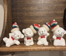 4 VTG White Snow Bear Christmas Ornament Set Ceramic Knit Hats Red Bows