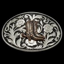 Western Cowboy Boots Floral Engraved Belt Buckle Vintage Style Made in USA