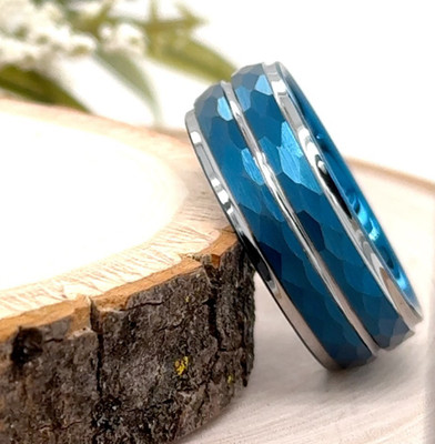 8mm Silver & Blue Tungsten Christmas Gifts Ring Hammered Brushed Polished Band