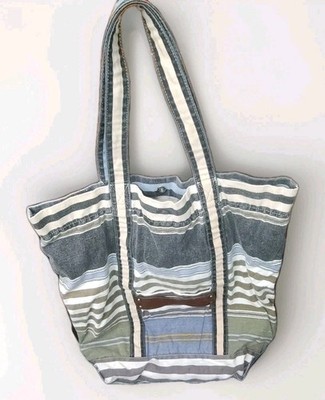 XL Canvas Lined Beach Bag BCBGMAXARIZIA Inner Pockets Blue Tan Boho Leather Trim
