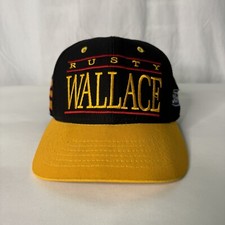 Vtg 90s Rusty Wallace Snapback Hat NASCAR Racing Cap Ford 2 Black Yellow