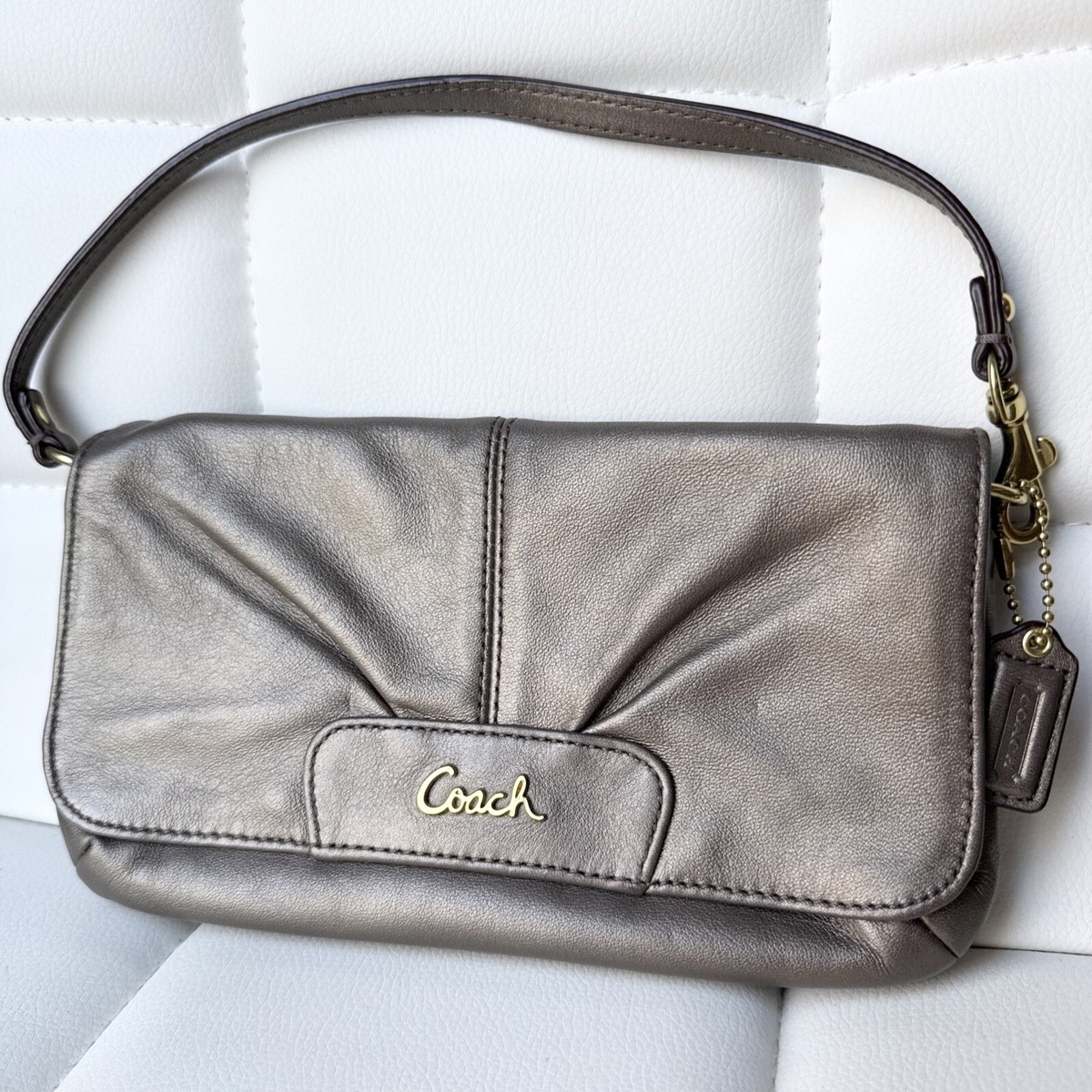 Coach Ashley Leather Large Pleated Flap Wristlet Wallet Bag Bronze