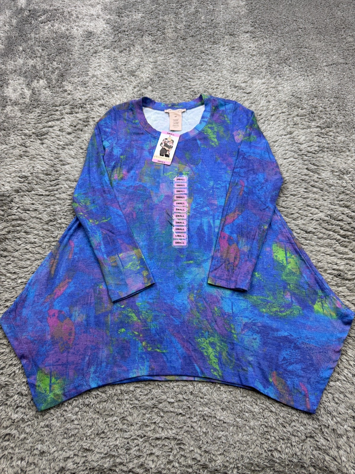 Philosophy Top Women Small Blue Tie Dye Dusk Brushstroke Asymmetric Tunic NWT