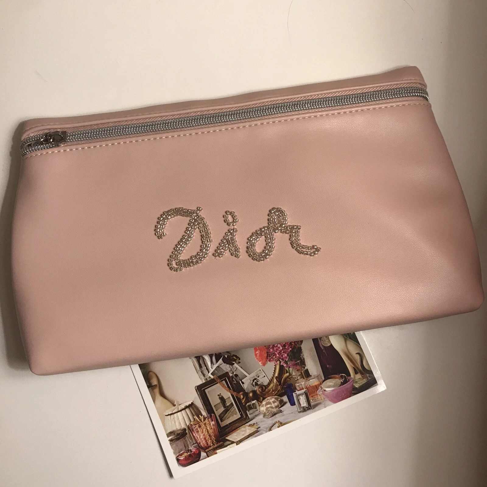 SAC POCHETTE DIOR PAILLE PAILLETTES PERLES BLING ZIP MAQUILLAGE TOILETTE ÉTUI COSMÉTIQUE ROSE NEUF