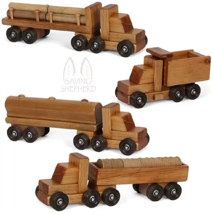 FOUR Wooden Toy TRUCK Set Log Barrel Tanker Dump Truck Wood Tractor Trailer  USA