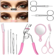 10 in 1 Eyebrow Tool Kit Tweezers Trimmer Scissors Razor Eyelash Curler Set US