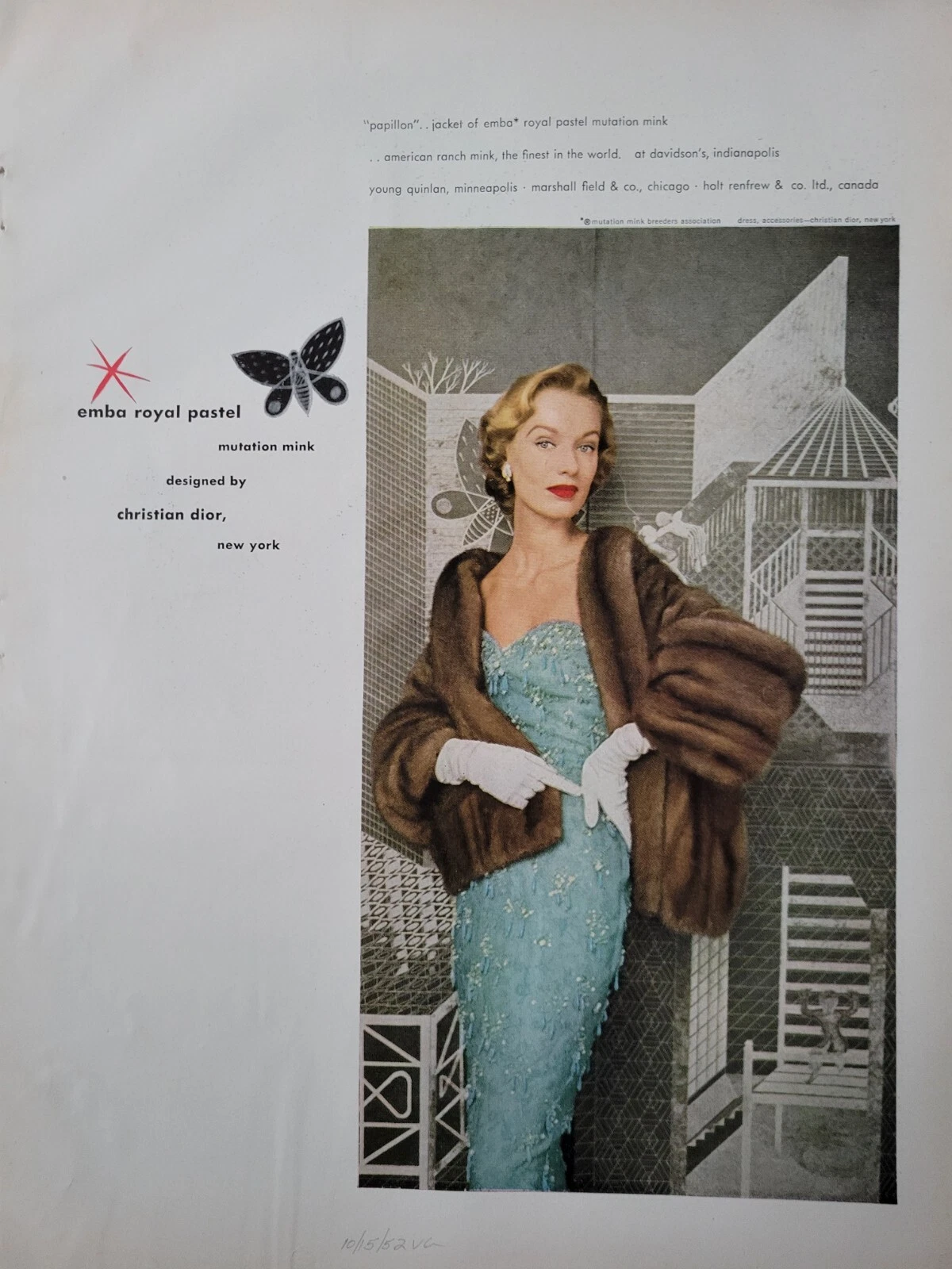 Giacca visone mutazione Emba design Christian Dior 1952 donna pubblicità vintage