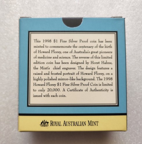 1998 One Dollar Fine Silver Proof Coin Howard Florey 1898-1968 Box - Picture 2 of 6