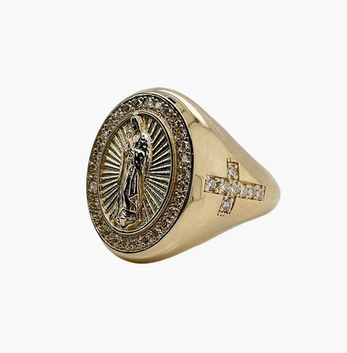 Mens 14k Solid Yellow Gold 0.75 Ct Natural Round Diamond Virgin Mary Ring 13.1Gr - Picture 4 of 8