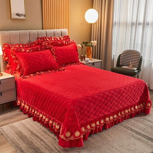 Embroidered Thick Crystal Velvet Bedspread Set Quilted Queen King Size Coverlets - Picture 23 of 68