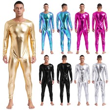 Mens Jumpsuit Masquerade Bodysuit Shiny Unitard One-piece Leotards Nightclub