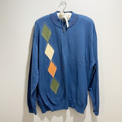 FAIRWAY & GREENE Men s Blue Plaid Detail 1/4 Zip Golf Sweater Cotton Peru Sz XL