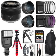 Canon RF 35mm IS Macro STM Lens -3 Lens Kit  Slave Flash  Tripod - 128GB Kit