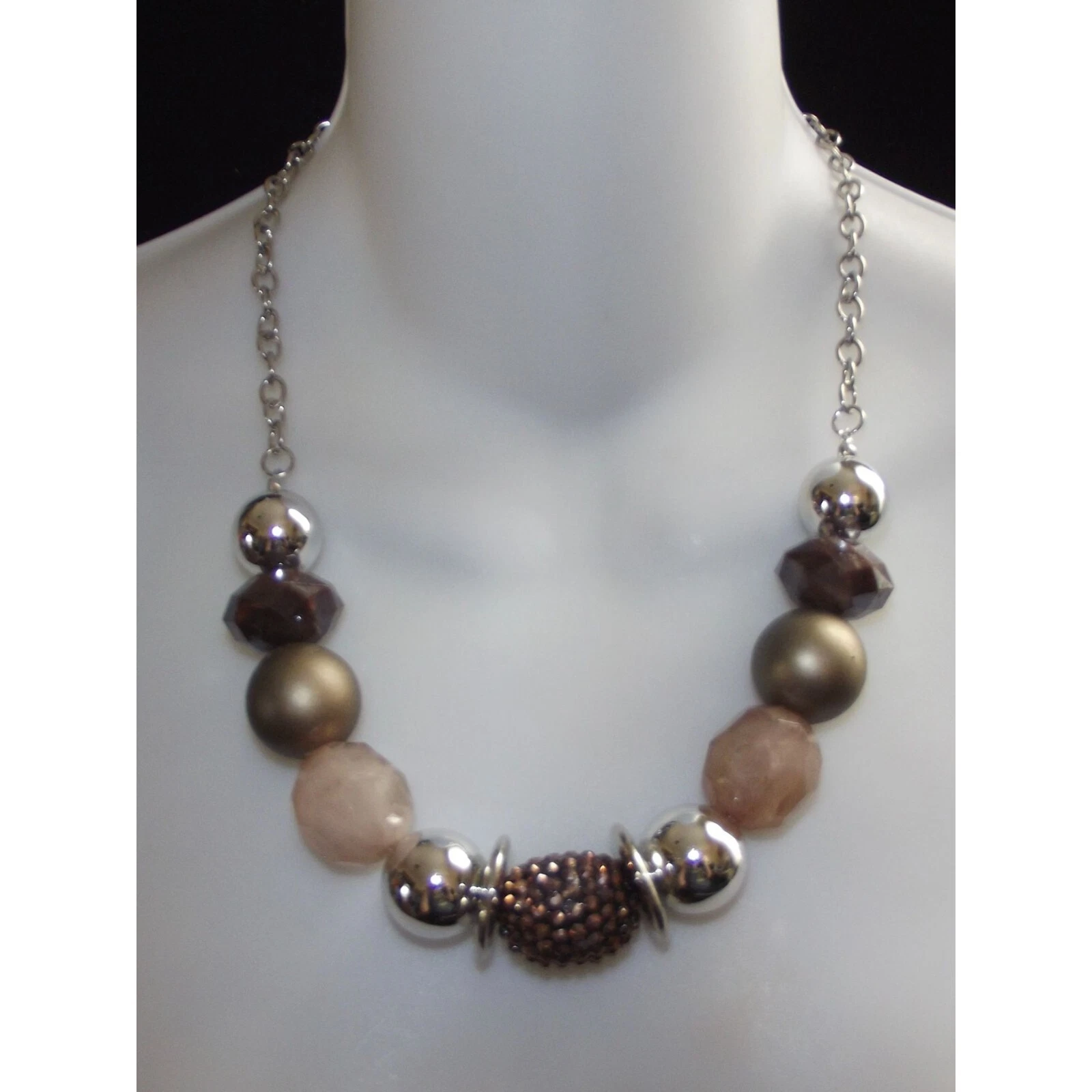 VETEMENTS Collana 20" marrone grandi perline sfaccettate audace moda costume tono argento