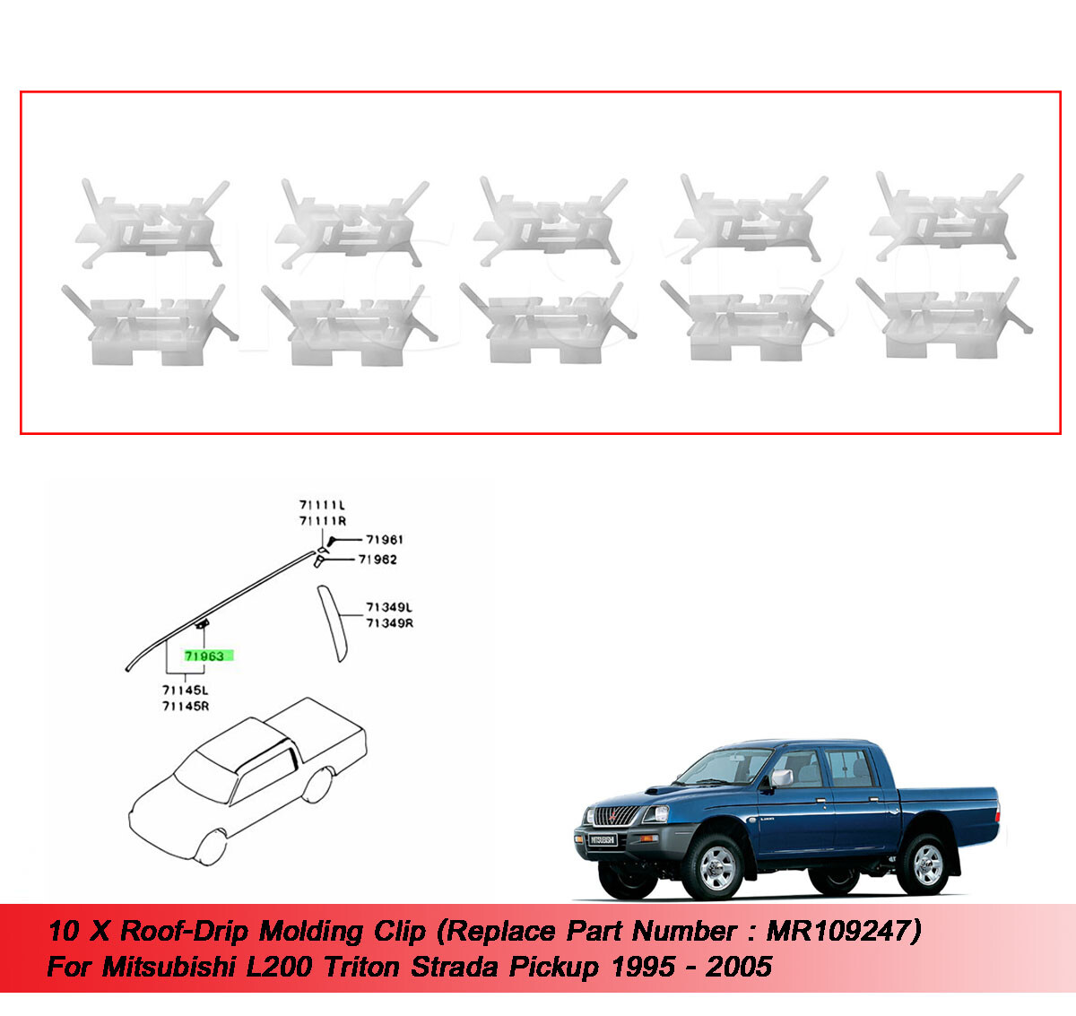 10 X Roof Drip Molding Clip Fit Mitsubishi L200 Triton 1995 1996