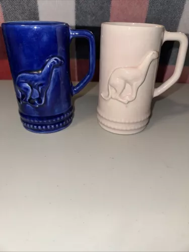 Vintage Handmade Whippet Stoneware Art Pottery Mugs Set Of 2