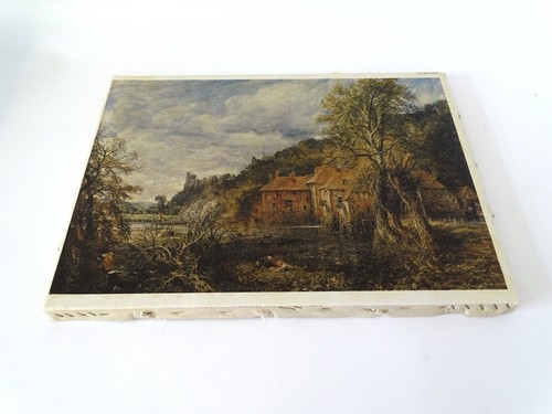 "Oleografo vintage sobre lienzo río campo paisaje cabañas castillo 16"" X 12""" - Imagen 4 de 7