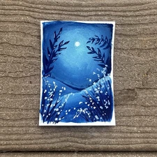 Aceo Original Moonlit Landscape Gouache Painting Art Card