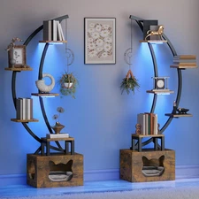 Tall Bookshelf with LED Light, Artistically Designed Arched Bookshelf with Cats