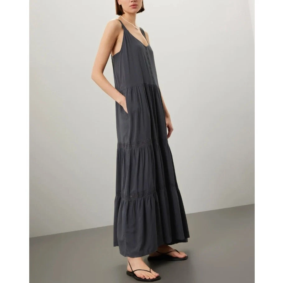 Espléndido Maxi Vestido Solero Gris Oscuro con Volantes en Niveles MEDIANO Bordado Boho $188 Foto 4 de 4