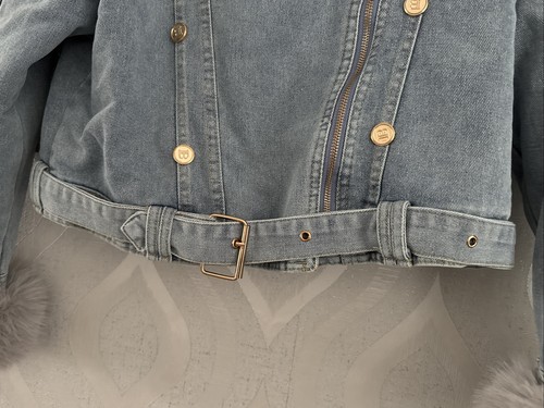 Pale Denim Faux Fur Collar Cuffs & Lining Biker Jacket NEW Plus Size 2XL 16 18 - Picture 7 of 12