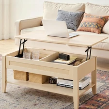 Wood Lift Top Coffee Table with Hidden Compartment and Large Storage Shelf, B...