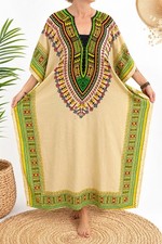 Dashiki Kaftan Caftan Cover Up One Size Beige Green Boho Beach NWOT 51 inches