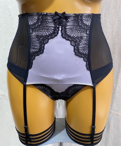 Ann Summers Waspie Straps & Höschen Set, Flieder Satin Schwarz Mesh & Spitze, UK 8? - Bild 1 von 15