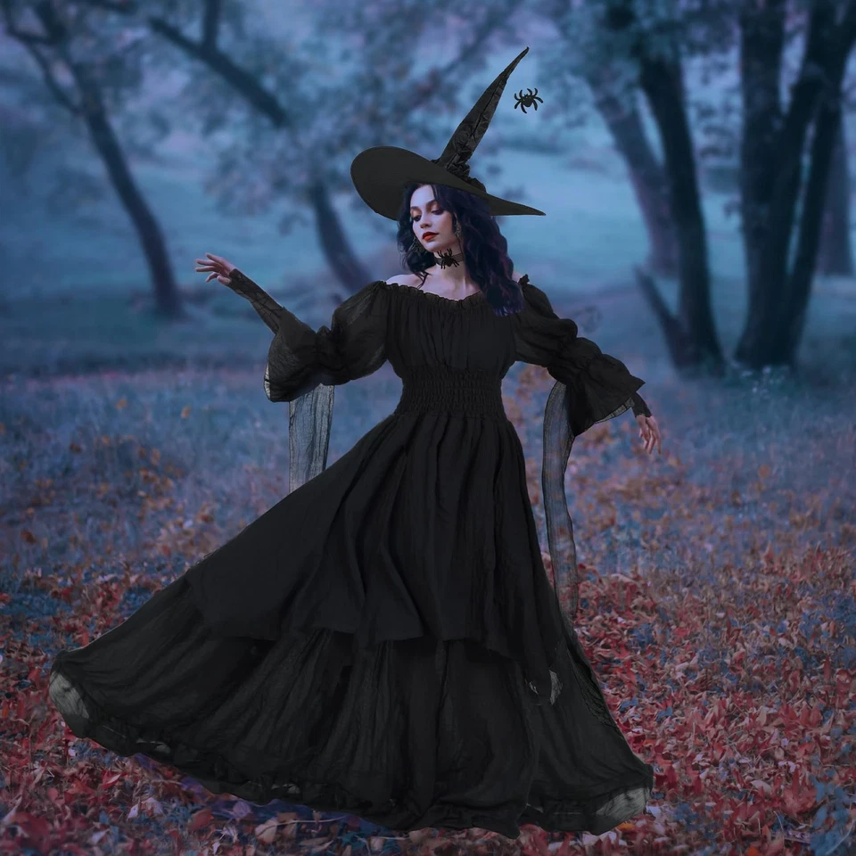 5 Pcs Halloween Witch Costume Women Including Gothic Witch Dress with Hat Lon... - Image 2 of 4